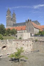 Medieval bastion Cleve with defence defence tower Cleve and Gothic Magdeburg Cathedral, St.