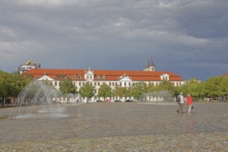 Baroque Winneberg Palace built in 1728 and Saxony-Anhalt State Parliament, water features, water