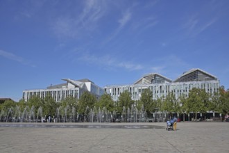 Water features and pedestrians, water fountains, Cathedral Square, Magdeburg, Saxony-Anhalt,
