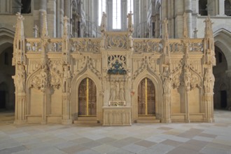 Rood screen built in 1451, decorations, figures, interior view, arts and crafts, St Mauritius and