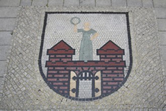 City coat of arms, floor mosaic, paving stones, floor, Old Town Hall, Old Market Square, Magdeburg,