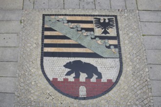 Saxony-Anhalt coat of arms, floor mosaic, paving stones, floor, Old Town Hall, Old Market,