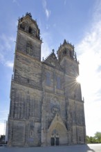 Gothic Cathedral of St Mauritius and St Katharina with twin towers against the light, Magdeburg