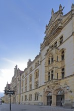 Historic labour court with sign for justice, entrance, portal, court building, Magdeburg,