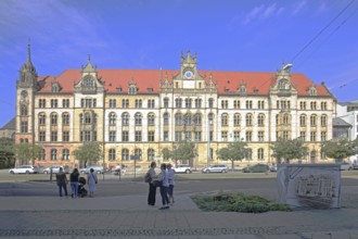 Historic labour court, courthouse and pedestrians, Magdeburg, Saxony-Anhalt, Germany