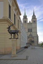 Stag column with stag statue and St John's Church, stag statue, Old Town Hall, Old Market Square,