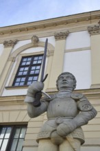 Roland statue with sword, sculpture, view upwards, Old Town Hall, Old Market Square, Magdeburg,
