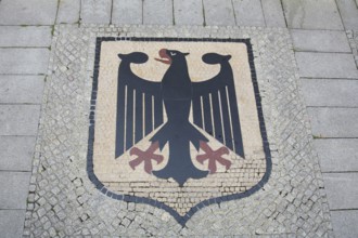 German coat of arms, federal eagle, cobblestones, ground, Old Town Hall, Old Market, Magdeburg,