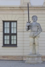 Roland statue with sword, sculpture, window, Old Town Hall, Old Market Square, Magdeburg,