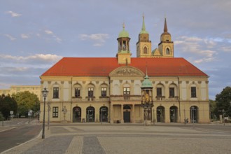 Baroque Old Town Hall built in 1713, and church towers of St. Johannis, Magdeburger horse-rider,