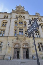 Portal of the historic labour court with sign for justice, court building, inscription, entrance