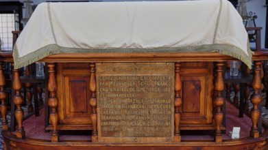 Ornate wooden construction with historical inscription, Kahal Shalom Synagogue, Sephardic