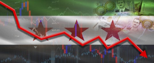 Syria financial crisis on economic graph. Financial fall of Syria on economy market chart