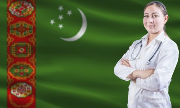 Female doctor on Turkmenistan flag. Doctor with crossed arms on Turkmenistan flag. Turkmenistan