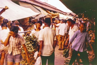 Porters with vegetables people shopping at the old market, Johor Bahru, Johor, Malaya, Malaysia,
