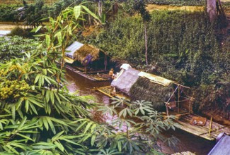 People living in homes on river house rafts, Sungai Perdak, Pahanh, Bentong district, Malaya,