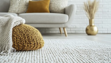 Close-Up Of Carpet, Contemporary Sofa And Gilded Decor With Pillows And Blanket Against White Brick