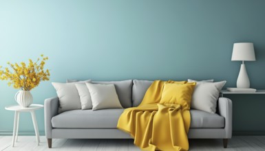 Turquoise Wall Living Room With Grey Sofa, Yellow Blanket, And Flowers. Study Table And Decorative