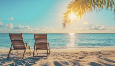 Spectacular Sun-Kissed Beach: Lounge Chairs On Sandy Shoreline. Perfect Getaway For Summer Vacation