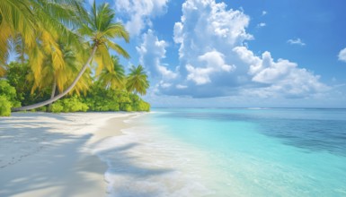 Luxurious Tropical Landscape Of Maldives Beach With Stunning Palm Trees And Crystal Clear Sea -
