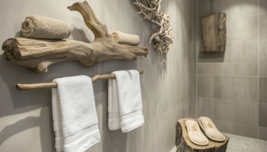 Modern Rustic Bathroom Decor: Hanging Towels And Driftwood Slipper On Natural Wood Hanger For A