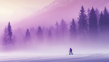 Cross-Country Skiing In Enchanting Misty Landscape: Mountains, Forest In The Violet Haze. Skier