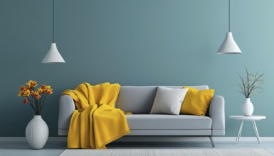 Elegant Living Room With Turquoise Wall And Grey Sofa, Brightened By Yellow Blanket, Flowers, And