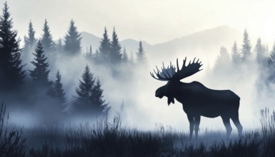 Majestic Moose Silhouette Standing In Meadow Forest - Magical Misty Landscape With Trees, Grass,