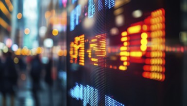 Selective Focus On Financial Stock Exchange Market Display Screen Board Set Up On The Street For