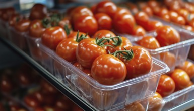 Purchase Fresh Tomatoes In Plastic Container Box: Juicy Red Ripe Tomatoes Displayed On Fridge