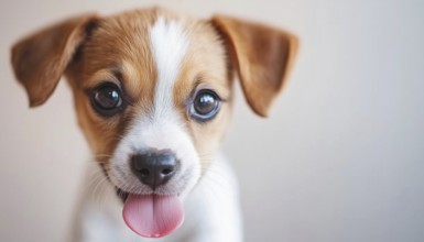 Adorable Jack Russell Puppy Enjoying A Meal With Pink Tongue Sticking Out - Perfect Household