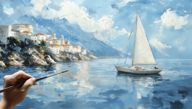 Sailboat In The Sea: Hand Painted Water Sketch Of A Mediterranean Seascape With A Sail Maker
