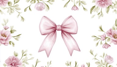 Floral Bouquet And Pink Ribbon Bow On White Background: Classic Elegance Flower Print For Fabric,