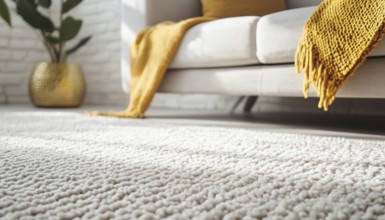 Close-Up Of Carpet And Modern Sofa With Gold Object, Pillow, Blanket, And White Brick Wall As