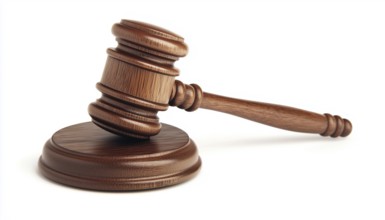 Wooden Auction Hammer With A Wooden Stand For Judicial Adjudication On A White Background.