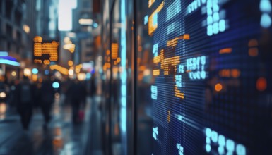 Urban Twilight: Digital Stock Market Display In A City Setting At Dusk Showing Real-Time Financial