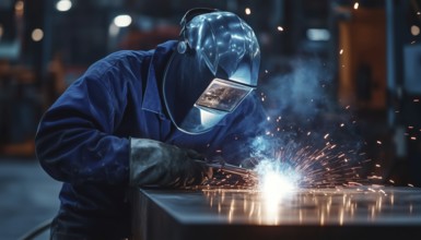 Skilled Welder Using Electric Torch To Weld Steel In Mask At Metal Factory. Expert Metal Worker