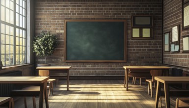 Empty Classroom: Wooden Furniture, Green Blackboard, And Brick Wall Rendering, Without Any Students