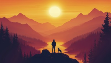 Solo Adventure: Hiking With Dog In Sun-Kissed Mountain Landscape, Enjoying Peaceful Beauty Of