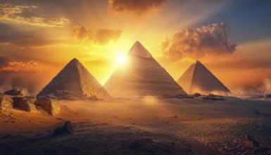 Ancient Egyptian Pharaohs Pyramids Complex: Illuminated By Sunlight On Giza Plateau- Famous Tourist