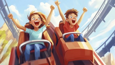 Children Enjoying Rollercoaster Rides. A Boy And A Girl Speeding Through Russian Mountains
