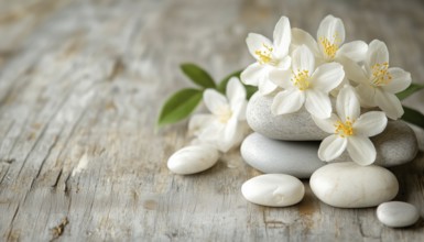 Jasmin Flower And Spa Stones Arranged On A Wooden Table At A Spa Setting. Luxurious And Relaxing