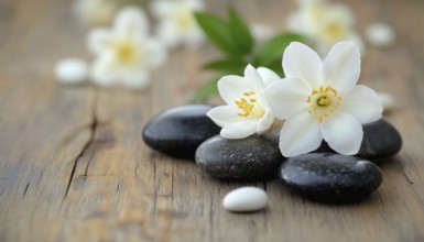 Jasmin Flower And Spa Stones On Wooden Table In A Relaxing Spa Setting. Enhance Your Self-Care