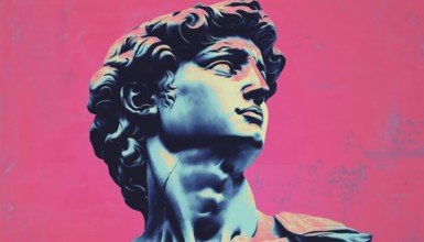 Contemporary Art Collage: Michelangelo'S David Bust Vaporwave Poster In Duotone, Featuring
