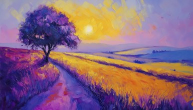 Vibrant Yellow And Purple Sky: Abstract Oil Painting Of Tree, Hill, And Meadow On Canvas With Sun