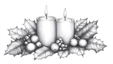 Freehand Pen And Ink Sketch Of Graphic Candles, Holly Berries, And Leaves. Capture The Festive