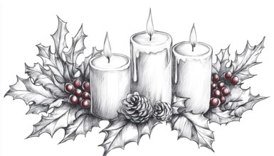 Freehand Pen And Ink Sketch Of Graphic Candles, Holly Berries, And Leaves - Intricate Illustration