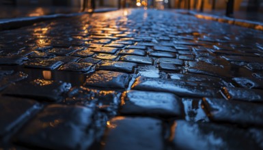 Bottom View Of Wet Cobblestones On A Street Or Road Surface At Night Following Rainfall. Stunning