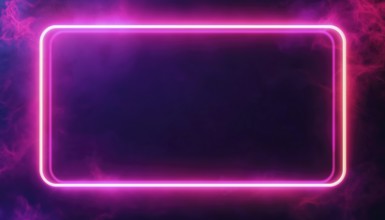 Shimmering Neon Double Rounded Rectangular Frame On Deep Purple Background. Radiant Techno Backdrop