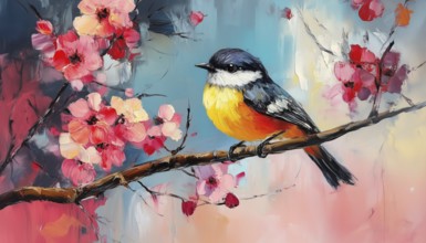 Modern Art Painting Of Bird And Spring Flower In Abstract Full Oil And Acrylic On Canvas. Animal